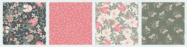 Fototapeta Abstract floral seamless pattern collection with sweet brier and wild flowers. Modern botanical design for fabric, paper, stationery