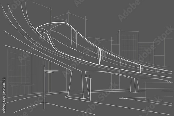 Obraz Linear abstract architectural sketch city street with monorail on gray background