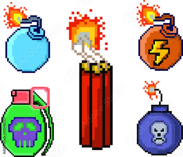 Obraz Bomb pixel art set. explosion pixel art minecraft.