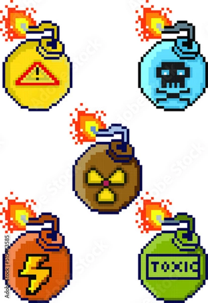 Obraz Bomb pixel art set. explosion pixel art minecraft.