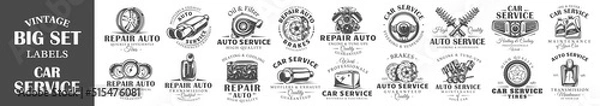 Fototapeta Set of vintage car service labels. Templates for the design of logos and emblems. Collection of car service symbols: tire, engine, muffler. Vector illustration