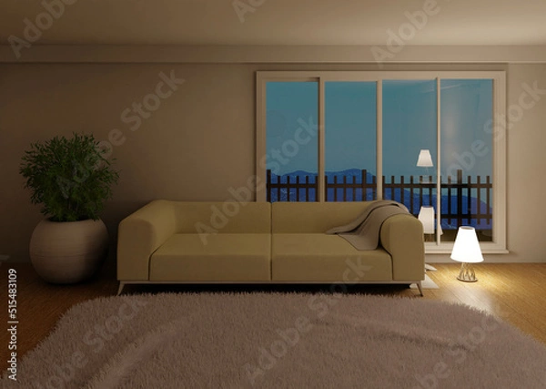 Obraz Night room interior with couch and panoramic window. Carpet and big home plant on the wall. White scandinavian interior. 3D rendering.