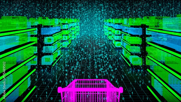 Obraz Metaverse based online shop concept. Metaphor for shopping in metaverse space web 3. 3d CGI render of purple shopping cart standing in the aisle	