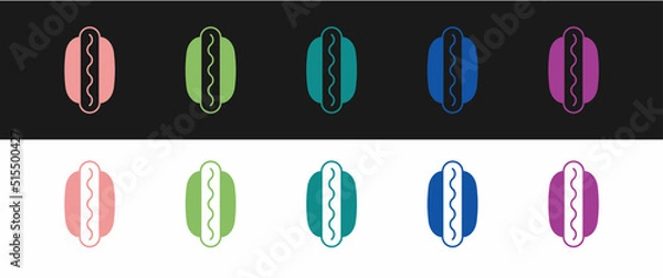 Fototapeta Set Hotdog sandwich with mustard icon isolated on black and white background. Sausage icon. Fast food sign. Vector