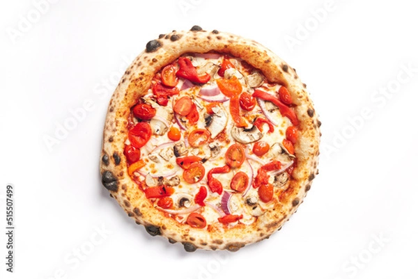 Obraz Top view of pizza topped with tomato, red pepper, red onion and mushrooms on a white background