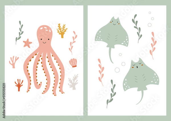 Fototapeta Children set posters with octopuses and stingrays. Vector illustration of flat with animal characters