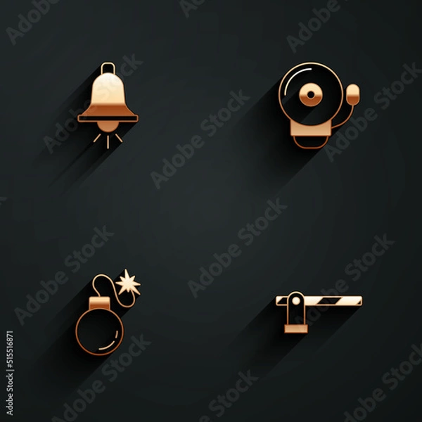 Fototapeta Set Ringing alarm bell, Bomb and Parking car barrier icon with long shadow. Vector