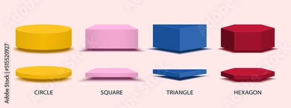 Fototapeta Colorful podiums geometric shape set. Collection of Circle, Squares, Triangle, and Hexagon pedestal for product show, decorative. Vector illustrations.