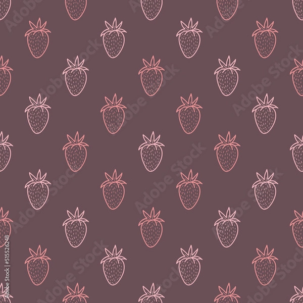 Fototapeta Cute pattern with sweet pink strawberries on burgundy background for the design of textiles, bed linen, child clothing, wrapping paper.