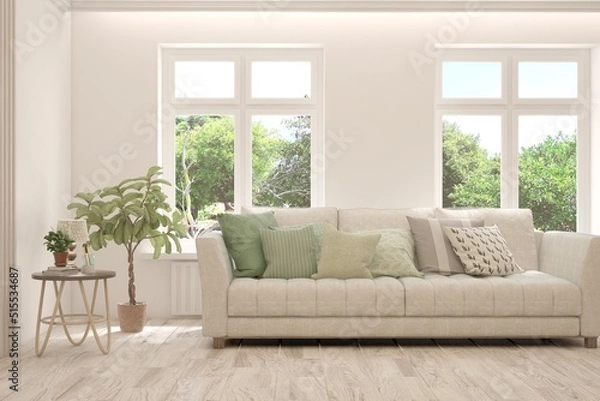 Fototapeta Minimalist living room in white color with sofa and summer landscape in window. Scandinavian interior design. 3D illustration