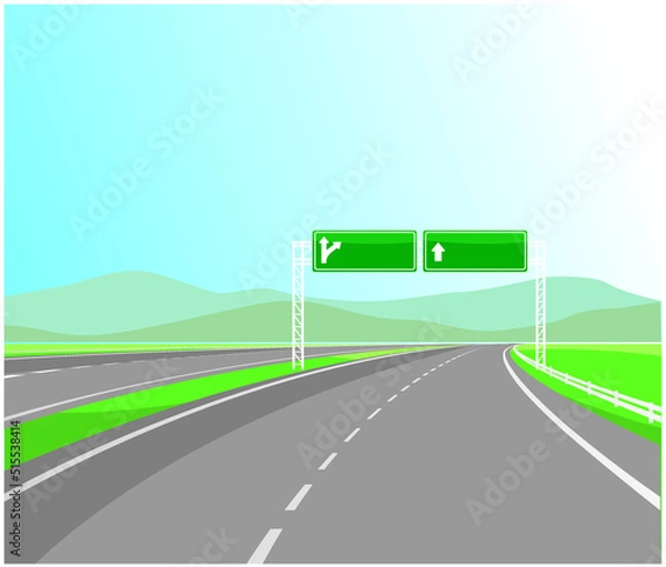 Obraz Road highway sign. Green board with arrow and road with marking. vector background