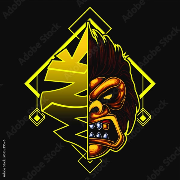 Fototapeta logo esport monkey angry expression with half face. logo vector character Monkey for gaming. theme brown yellow color costume character.