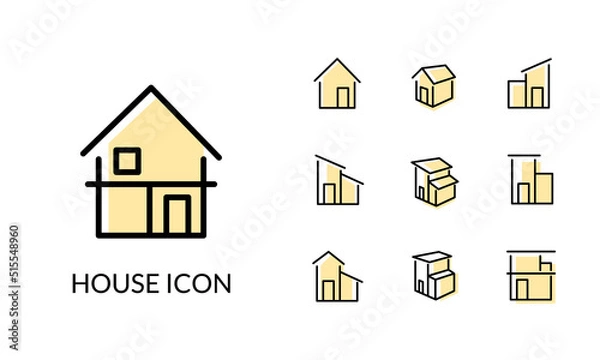 Fototapeta シンプルな家の線と塗りがあるアイコンセット