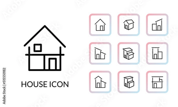 Fototapeta シンプルな家の線とグラデーションの塗りがある角丸のアイコンセット