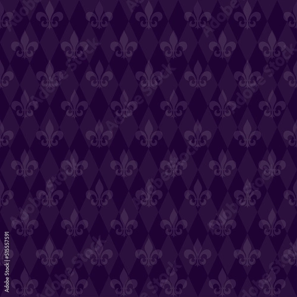Fototapeta Mardi Gras seamless background. Purple background with diamonds and royal lilies. Vector illustration isolated on a white background for design and web.