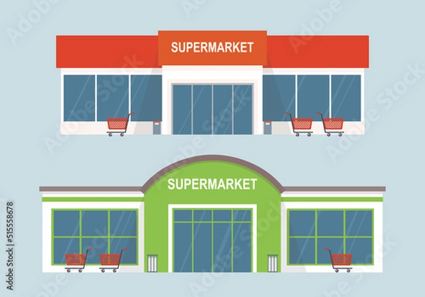 Obraz Two different supermarket buildings. Isolated on gray background. Flat style, vector illustration.