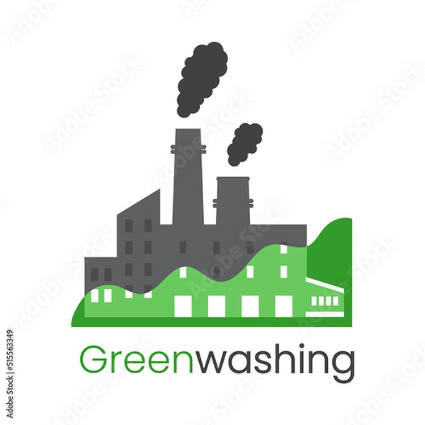 Fototapeta The concept of greenwashing, disinformation of corporations, green marketing, non-transparent way, environmental responsibility, environmental pollution. Factory icon with smoke on white background