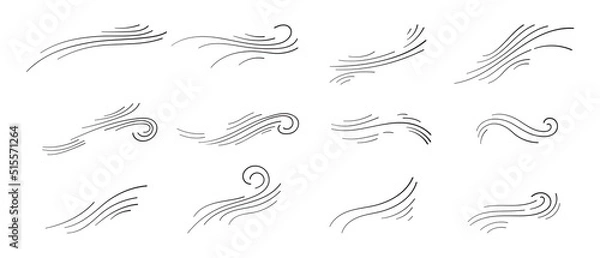 Fototapeta Doodle blowing wind. Hand drawn air wave icon. Outline wind movement symbol isolated on white background. Climate sketch element. Vector decorative dash lines in the shape of a curve.