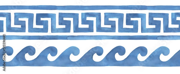 Obraz Seamless repeatable borders of stylized Greek motifs in indigo blue color. Hand painted watercolour drawing on white, isolated decorative elements for design decoration, print, banner, card, web site.