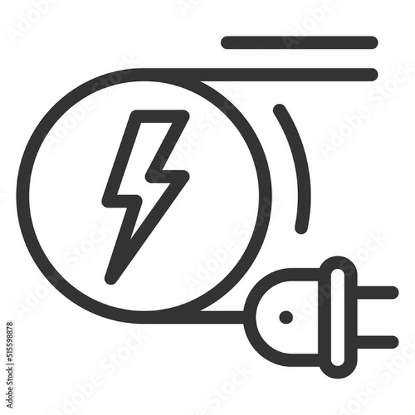 Fototapeta Wire with an electric plug is wound on a drum with lightning - vector sign, web icon, illustration on a white background, outline style