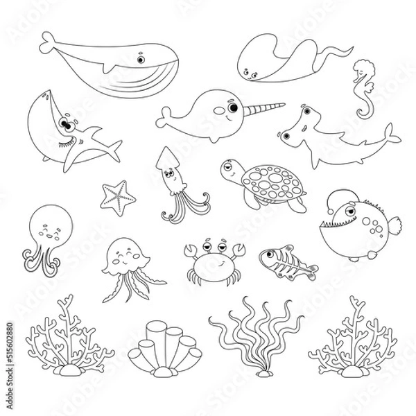 Obraz Set of cute sea creatures with corals on white background in line style