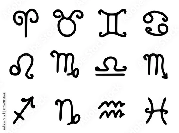 Fototapeta Vector set of zodiac signs in doodle style isolated on white background. Horoscope symbols clip art.
