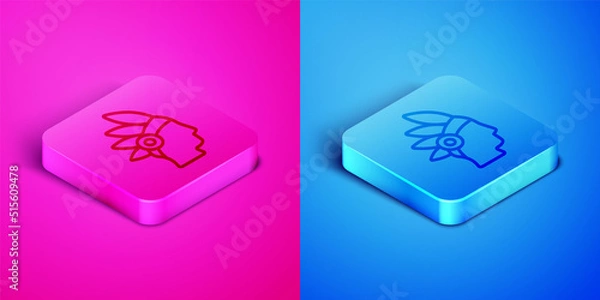 Fototapeta Isometric line Native American Indian icon isolated on pink and blue background. Square button. Vector