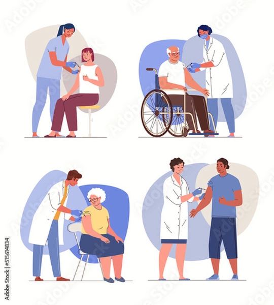 Fototapeta Vaccination of young and old people. Prevention of infectious diseases. Protection against viruses and bacteria due to acquired immunity. Vector characters flat cartoon illustration.