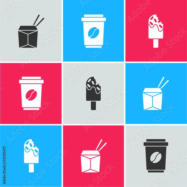 Fototapeta Set Asian noodles and chopsticks, Coffee cup to go and Ice cream icon. Vector