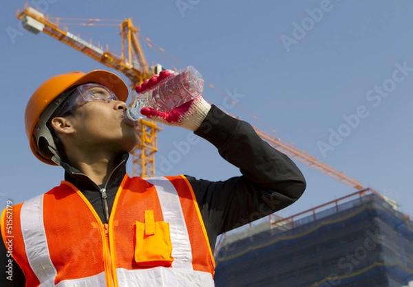 Obraz worker man  as he drinks from a plastic water bottle