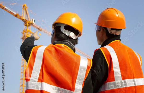 Obraz construction workers with crane in background