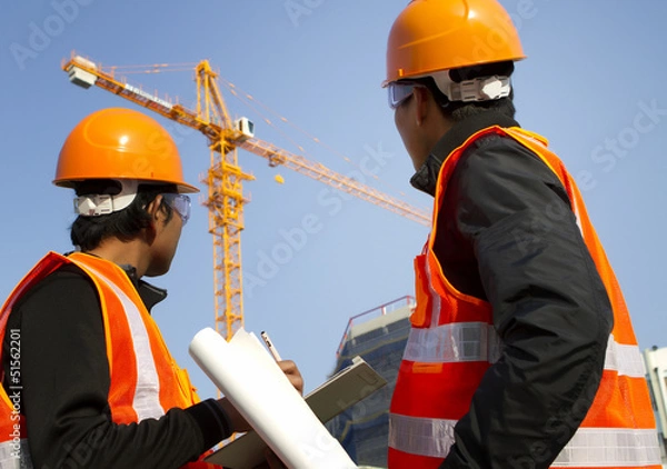 Obraz construction workers with crane in background