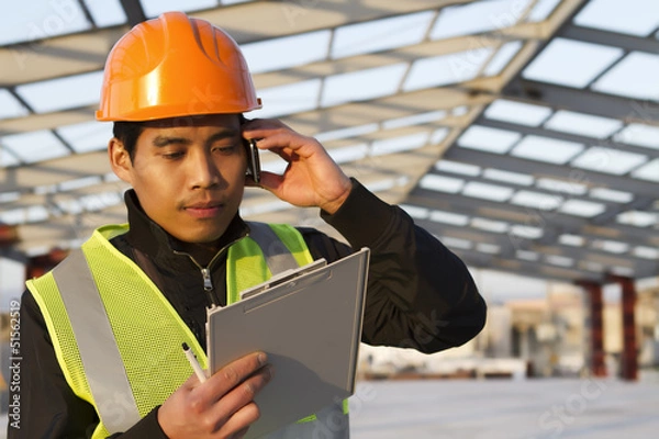 Obraz Engineer construction talking mobile phone under new building