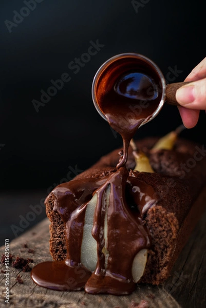 Fototapeta Chocolate Pear Cake. Vegan dessert with chocolate dressing. Homemade cake. Delicious pie. Sugar free pastry