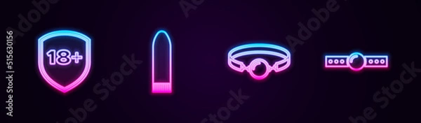 Fototapeta Set line Shield with 18 plus, Dildo vibrator, Silicone ball gag and . Glowing neon icon. Vector