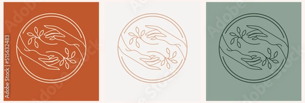 Fototapeta Vector abstract logo design template in trendy linear minimal style - hands and leaf - abstract symbol for cosmetics and packaging, jewellery, hand crafted or beauty products