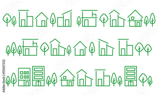 Obraz シンプルな家や街並みの線のアイコンセット