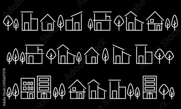 Obraz シンプルな家や街並みの線のアイコンセット