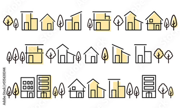 Obraz シンプルな家や街並みの線の塗りがあるアイコンセット