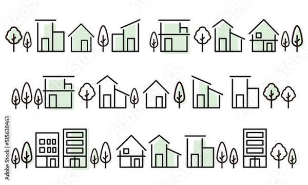 Fototapeta シンプルな家や街並みの線の塗りがあるアイコンセット