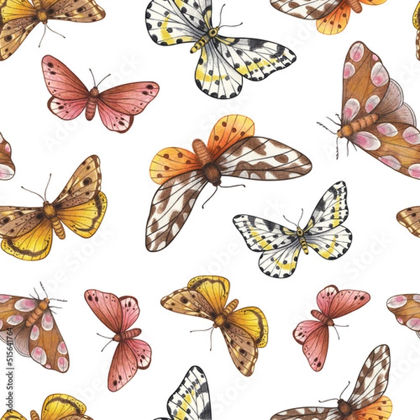 Fototapeta Watercolor butterflies and moths on a white background. Seamless background with floral vintage pattern, wallpaper. A hand-drawn illustration.