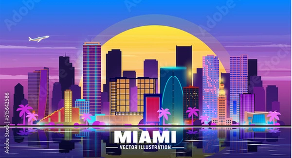 Fototapeta Miami Florida night city skyline. Vector Illustration. Business travel and tourism concept with modern buildings. Image for banner or web site.
