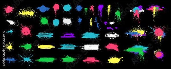 Obraz Color paint splatter. Color inked splatter stain splattered spray splash. Spray paint elements isolated on black Background. Drips multicolored ink splatters, Ink blots set. Isolated illustration