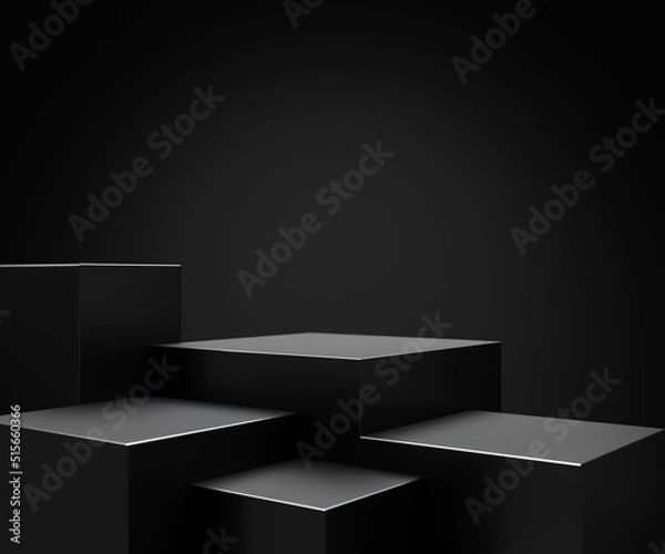 Fototapeta Elegant black cube stand for product placement mockup. Dark podium exhibition scene background. Minimal box platform showroom with spot light.