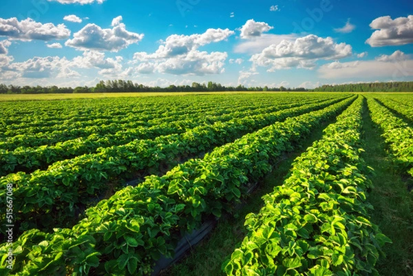 Fototapeta Strawberries plantation on a sunny day. Landscape with green strawberry field with blue cloudy sky