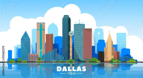 Fototapeta Dallas Texas skyline vector illustration. Blue background with city panorama. Travel picture.