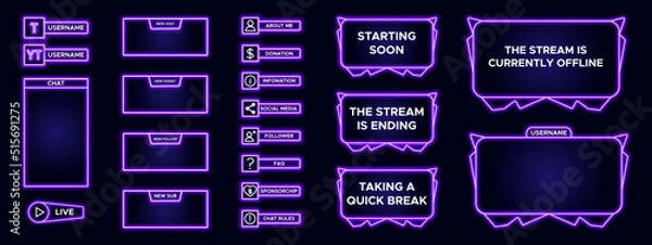 Obraz Set of modern design element for overlay game streaming screen panel. Purple game frame for internet broadcast and online video. Futuristic live stream frame for interface. Vector technology template.