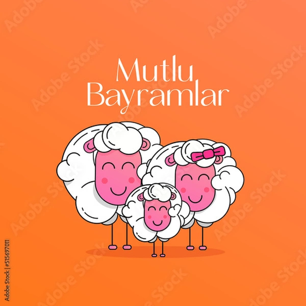 Fototapeta a family of sheep with a Turkish message saying 'happy feast' to celebrate the feast of sacrifice  of Muslims