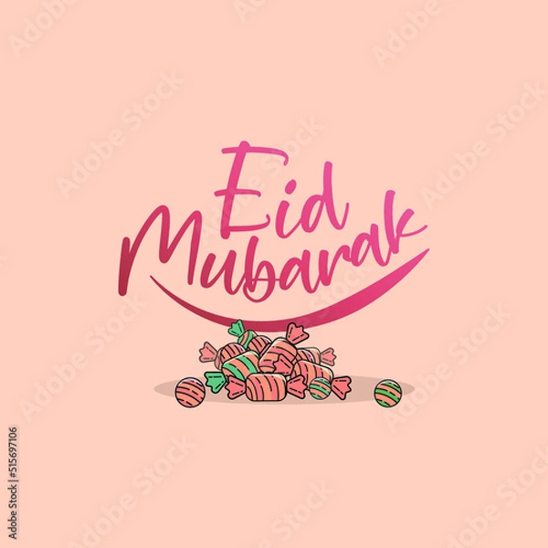 Fototapeta a pink basket full of colorful candies with a message 'Happy Feast' to celebrate Ramadan Feast or Feast of Sacrifice of Muslims