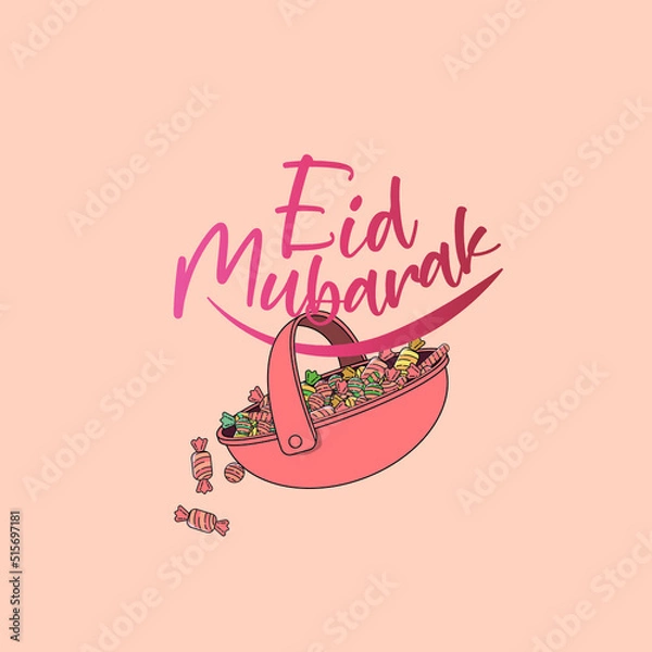 Fototapeta a pink basket full of colorful candies with a message 'Happy Feast' to celebrate Ramadan Feast or Feast of Sacrifice of Muslims